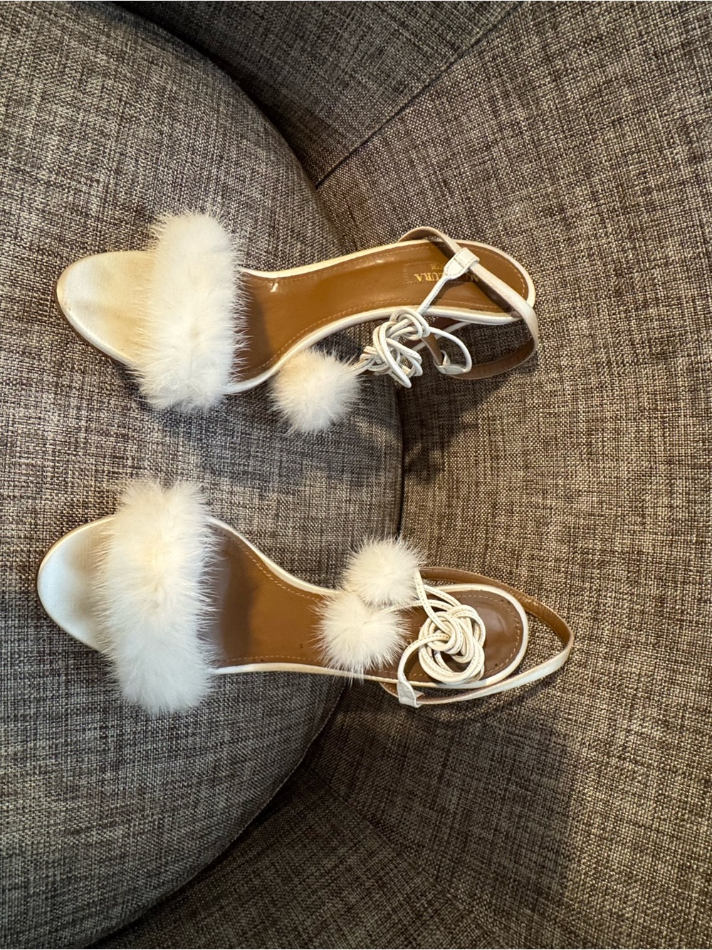 Aquazzura White real Mink Pom-Pom Strappy Stiletto Sandals - Picture 2 of 7